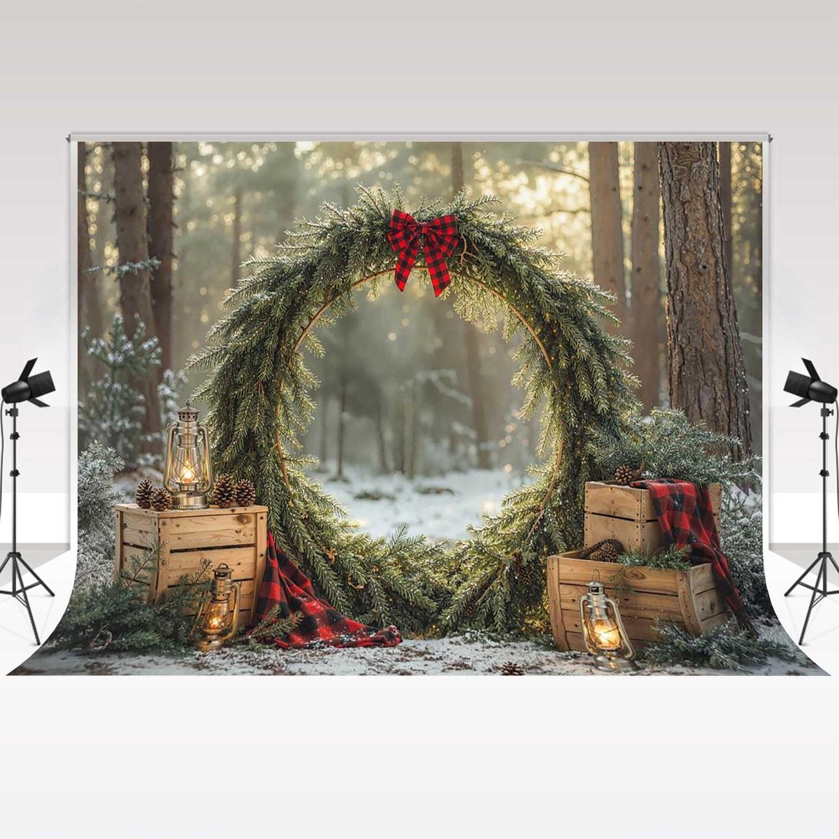 Fotografie Achtergrond - Kerst Bos met Krans en Rode Boog - 2.5x2.5m