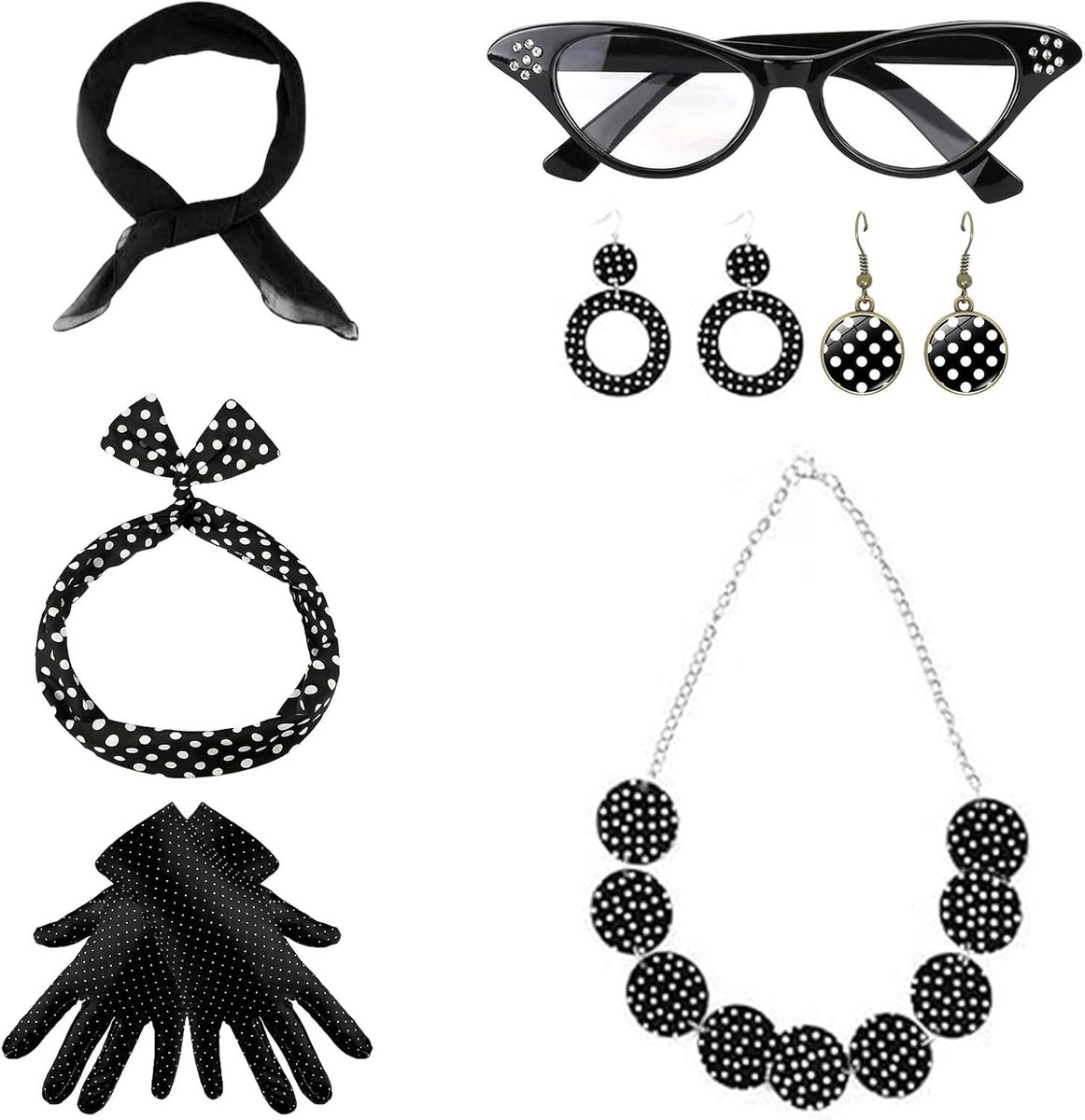 Vintage Rockabilly Accessoires voor Dames - 7-delige Set met Handschoenen, Hoofdband en Chiffon Sjaal voor Feest, Carnaval en Retro Kostuum