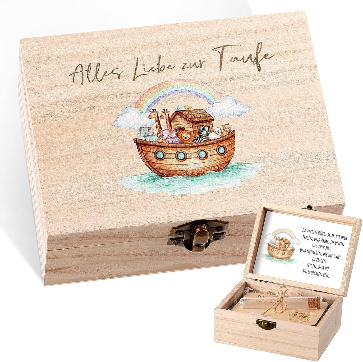 Set van 4 Cadeauset met Houten Doos voor Doop, Testbuis, Groetkaart en Decoratieve Grassprietjes voor Feestelijke Gelegenheden