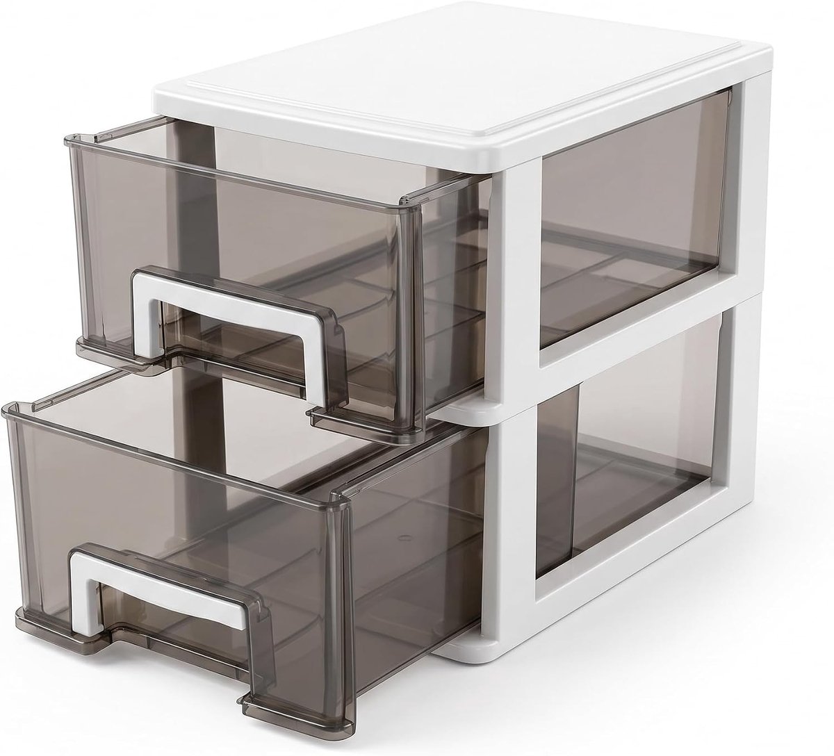 Middelgrote doorzichtige opbergdoos met 2 laden voor kantoorbenodigdheden, cosmetica en briefpapier, stapelbare stofdichte organizer voor thuisschoolgebruik