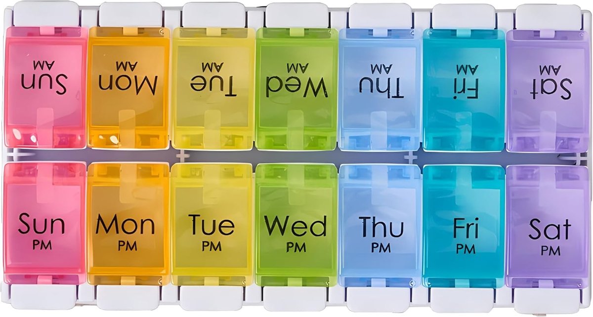 Handige Reis Pillen Organizer met 14 Compartimenten in Regenboogkleuren voor Vitaminen en Medicijnen, Geschikt voor Ochtend en Middag Gebruik
