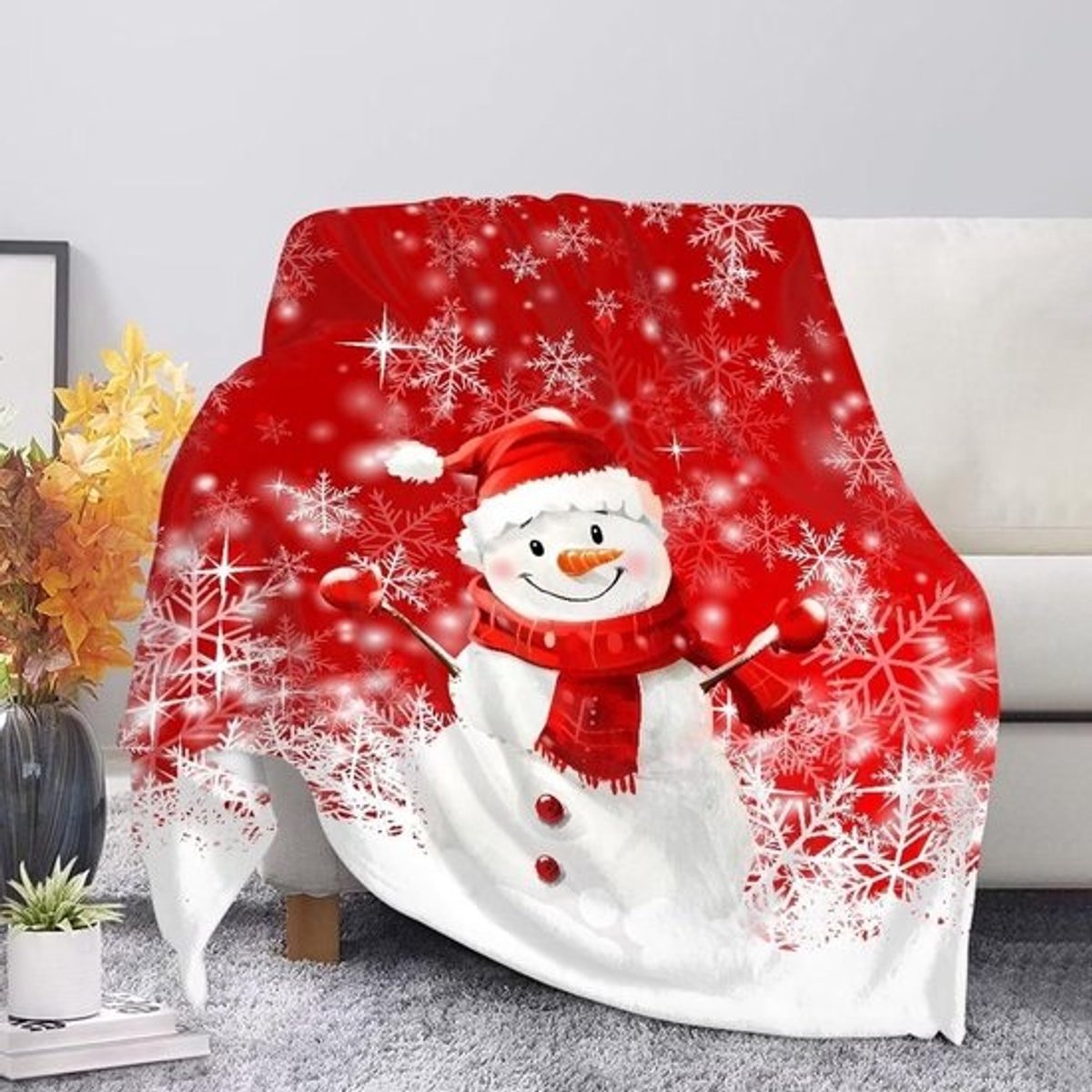 Kerst Sneeuwpop Deken - Fleece Plaid - Gezellige Decoratie - Zacht Koraalfleece - 110 cm x 140 cm - Rood