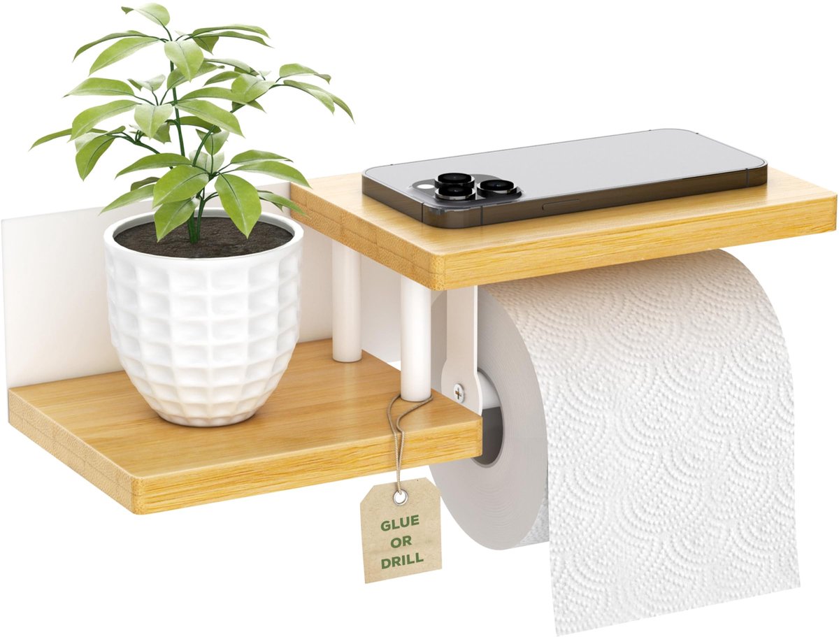 Toiletpapierhouder Hout - Met Plank - Wit