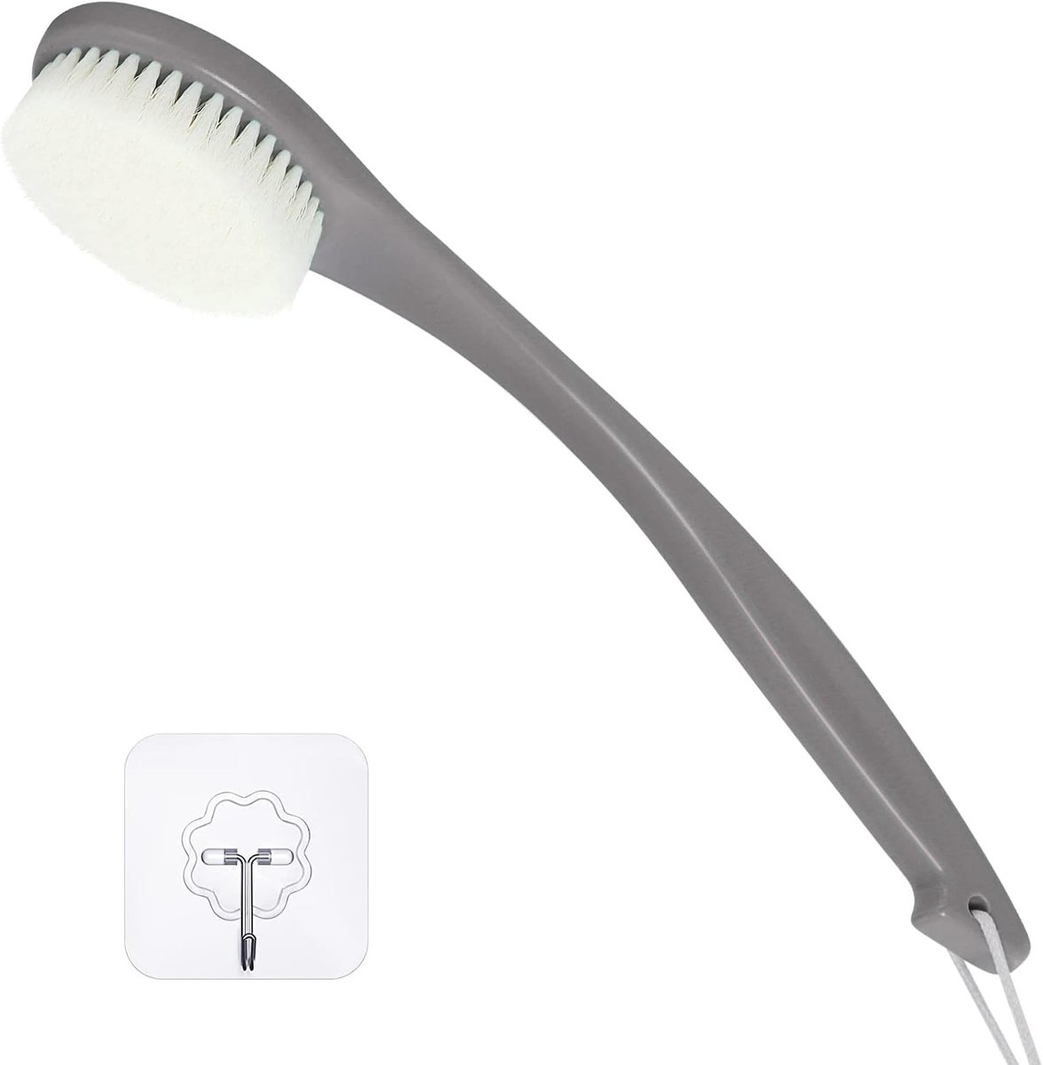 Zachte Borstel voor het Lichaam met Lange Gebogen Handgreep, Ideaal voor Douche en Exfoliatie, Geschikt voor Nat of Droog Gebruik, Grijs