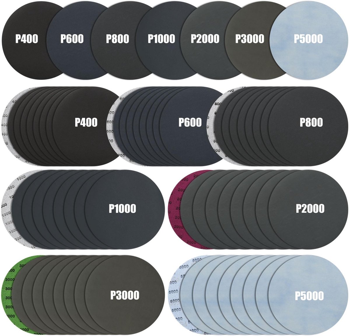 Set van 70 Schuurdiscs 150 mm - Siliconen Carbide, 400 tot 5000 Grit