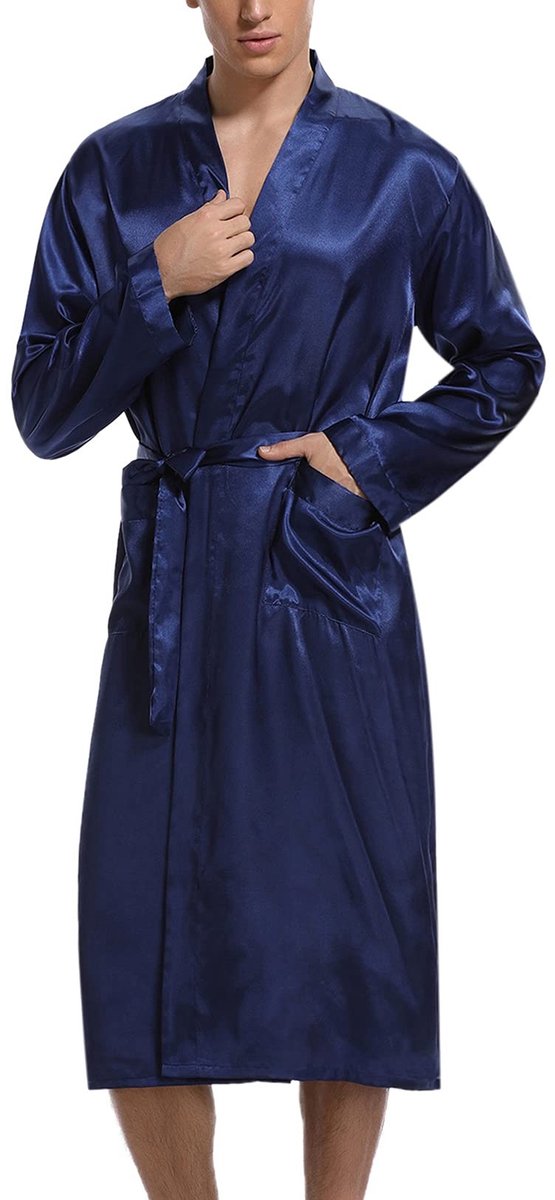 Heren Badjas - Satin Kimono met Ceintuur en Pocket - Blauw