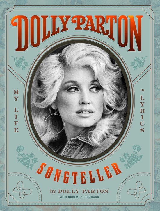 Boek "Dolly Parton Songteller: My Life in Lyrics". Portret van Dolly Parton in cirkel, met tekst "Dolly Parton Songteller" bovenaan.