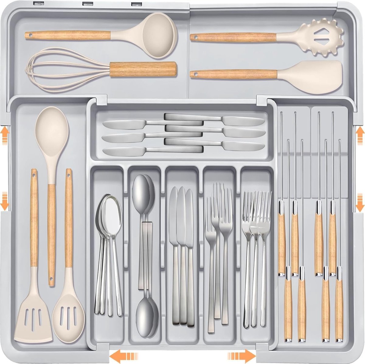Uitbreidbare Besteklade Organizer met Verwijderbare Messenset, Verstelbare Bestek Tray voor Keuken, Ideaal voor Keukenopslag en Organisatie