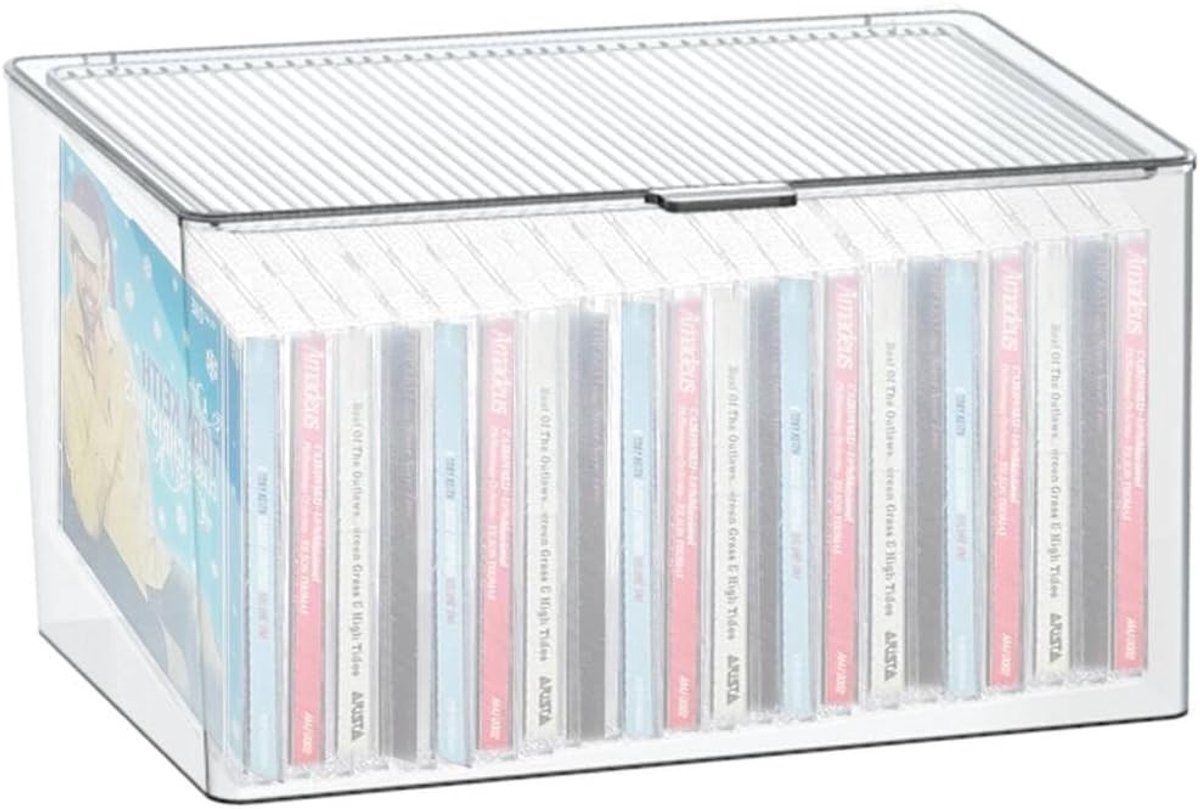 Opbergdoos voor 24 CD's en DVD's, Transparante Plastic Box met Deksel, Organizer voor Film- en Muziekverzameling, 27 x 15.5 x 15 cm