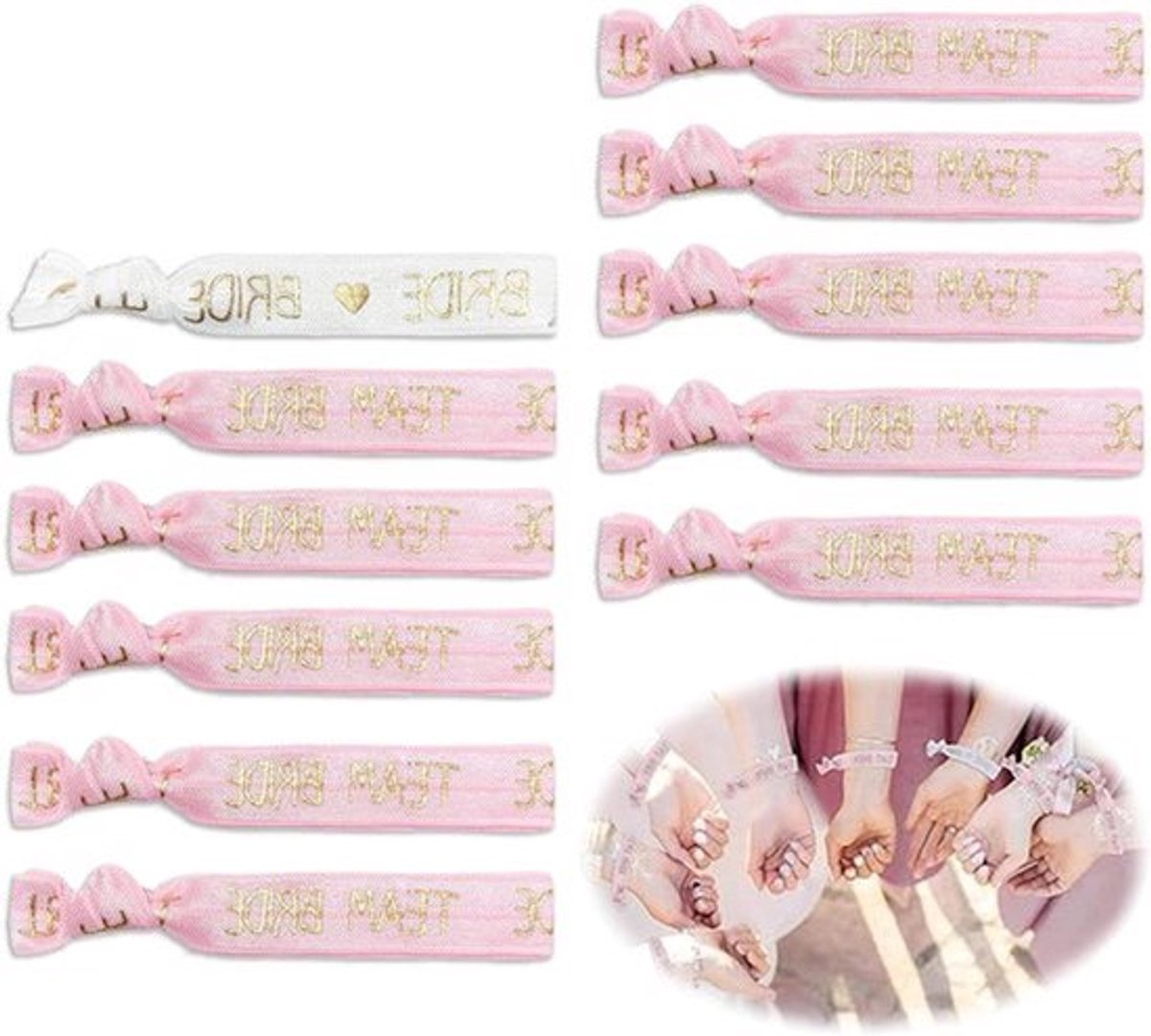 Vrijgezellenfeest Deco Set - 1 stuk bruidsarmband + 10 stuks Team Bruidakbanden Bracables voor Team Bruid Jungschulechied Decoratie (1 wit + 10 roze)