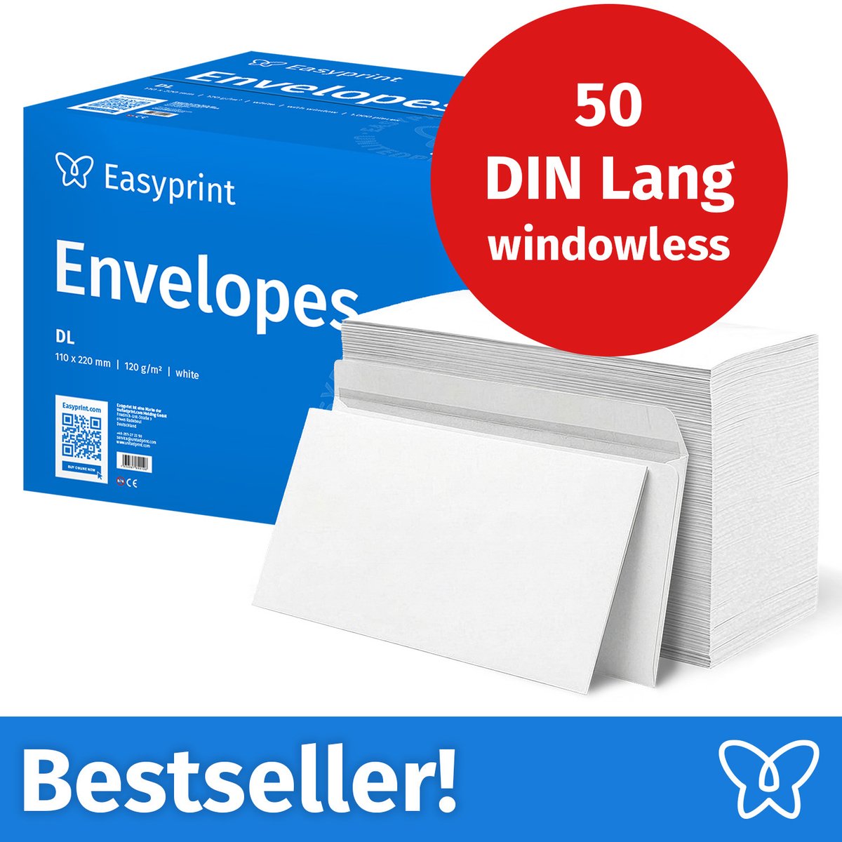 NIEUW: Easyprint Enveloppen zonder venster, DIN Lang, onbedrukt, 50 stuks