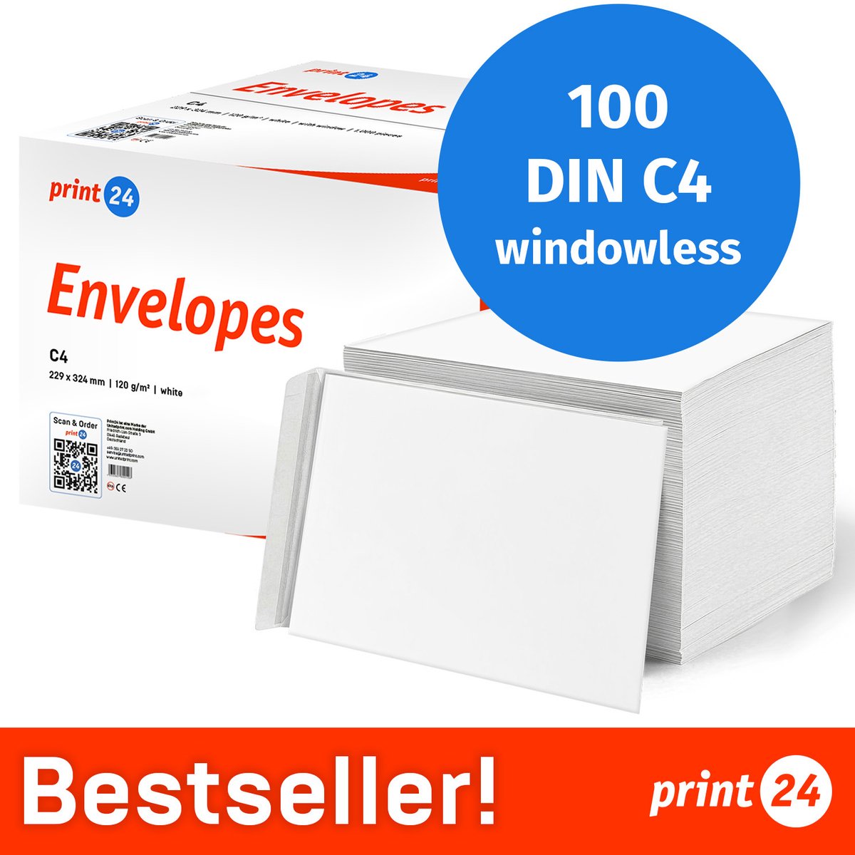 NIEUW: print24 Enveloppen zonder venster, DIN C4, onbedrukt, 100 stuks