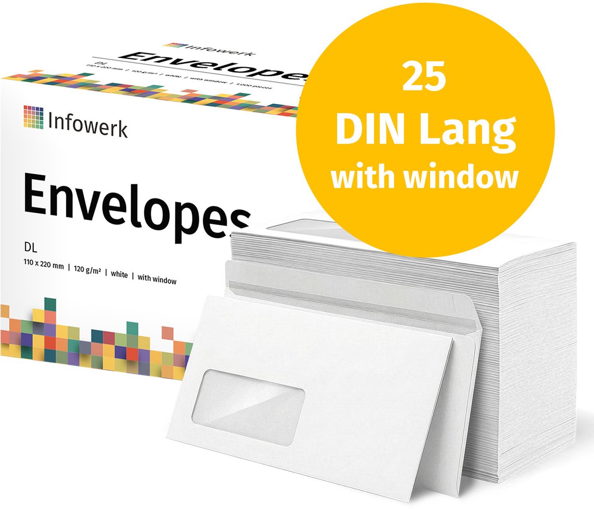 NIEUW: Infowerk Enveloppen met venster, DIN Lang, onbedrukt, 25 stuks