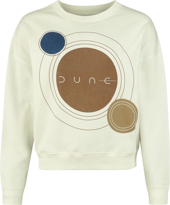 Gebroken witte sweatshirt met ronde hals en 'DUNE' print met cirkels in blauw, bruin en beige.