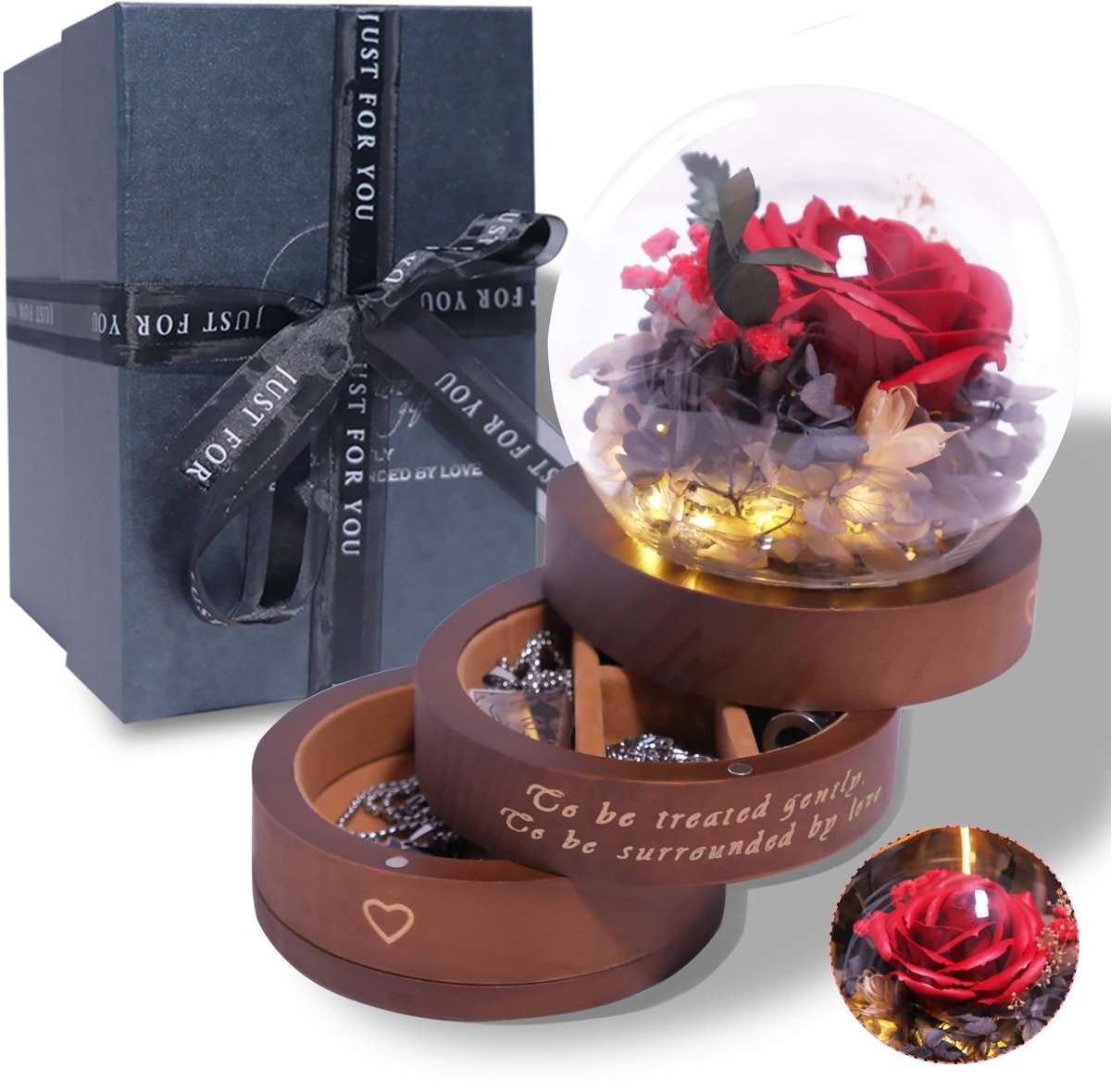 Houten sieradenorganizer met geconserveerde bloemen - Rood