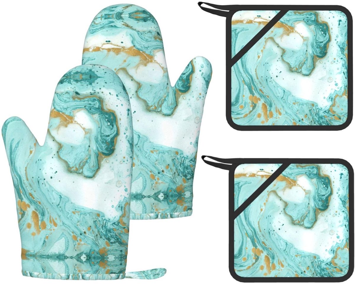 Gedrukte Pot Houders en Kookhandschoenen - Turquoise Goud Marmer - 4 Stuks