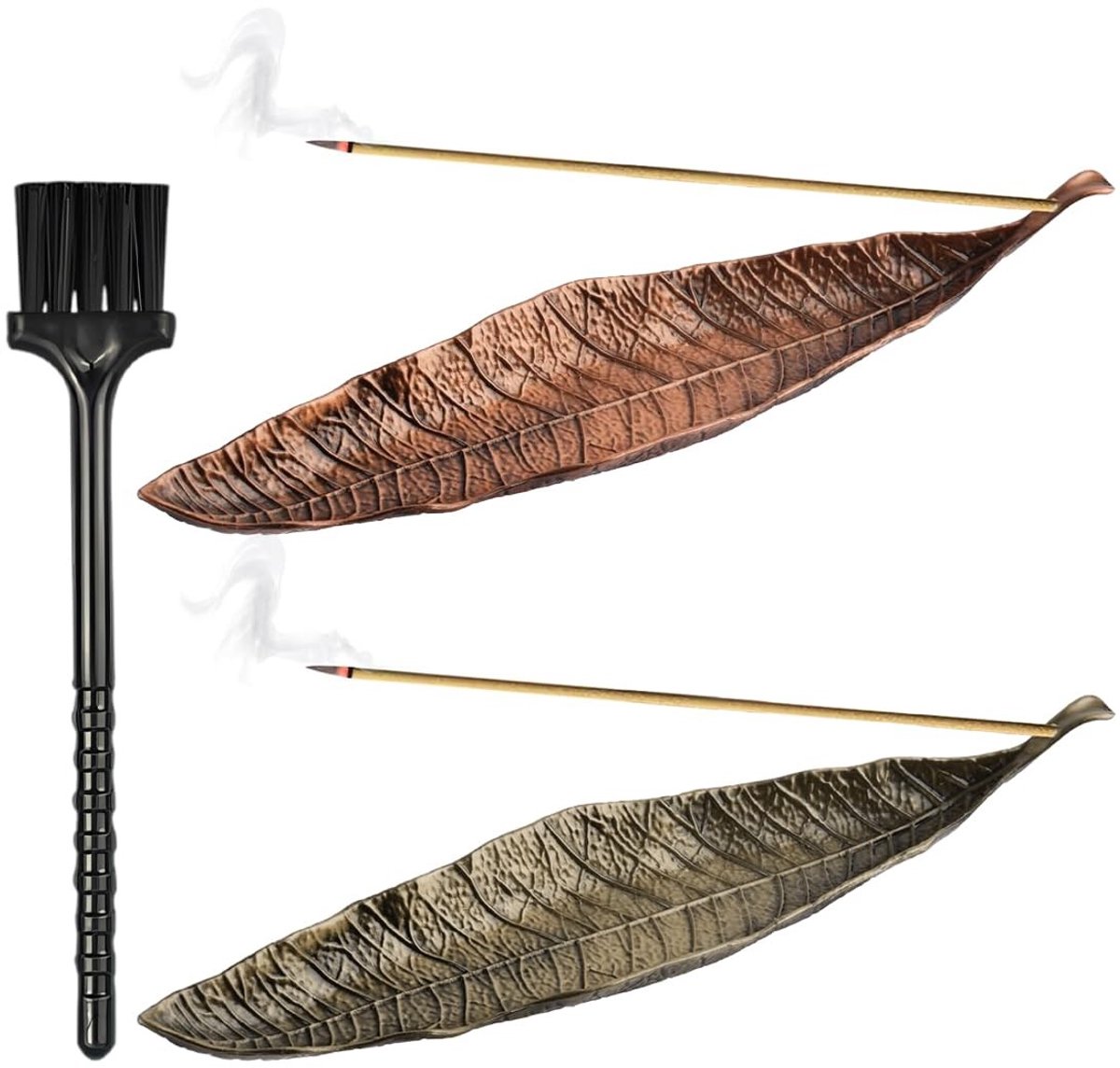 2-delige Wierookhouder met Metalen Blad en Asborstel - Brons en Antiek Cyaan