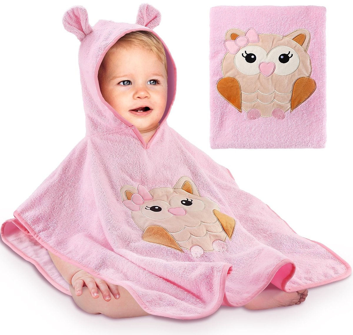 Baby Badponcho met Kap - 100% Katoen - Roze Uilen