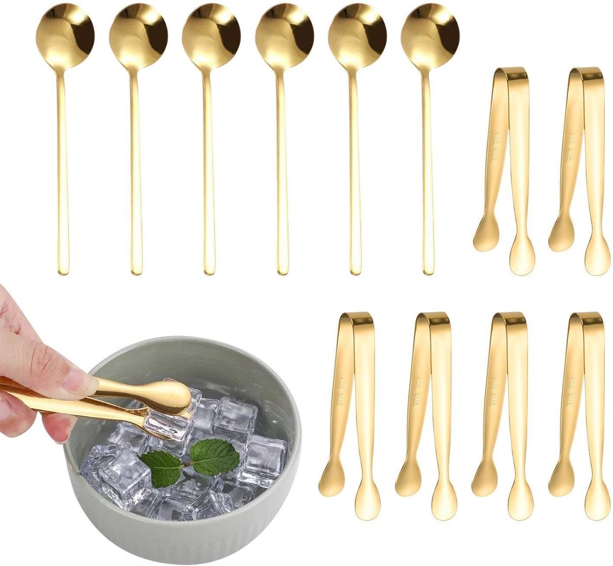 Set van 6 RVS IJsclamps en 6 Gouden IJslepels, Mini Fruitclamps, Geschikt voor IJs, Barbecue en Desserts