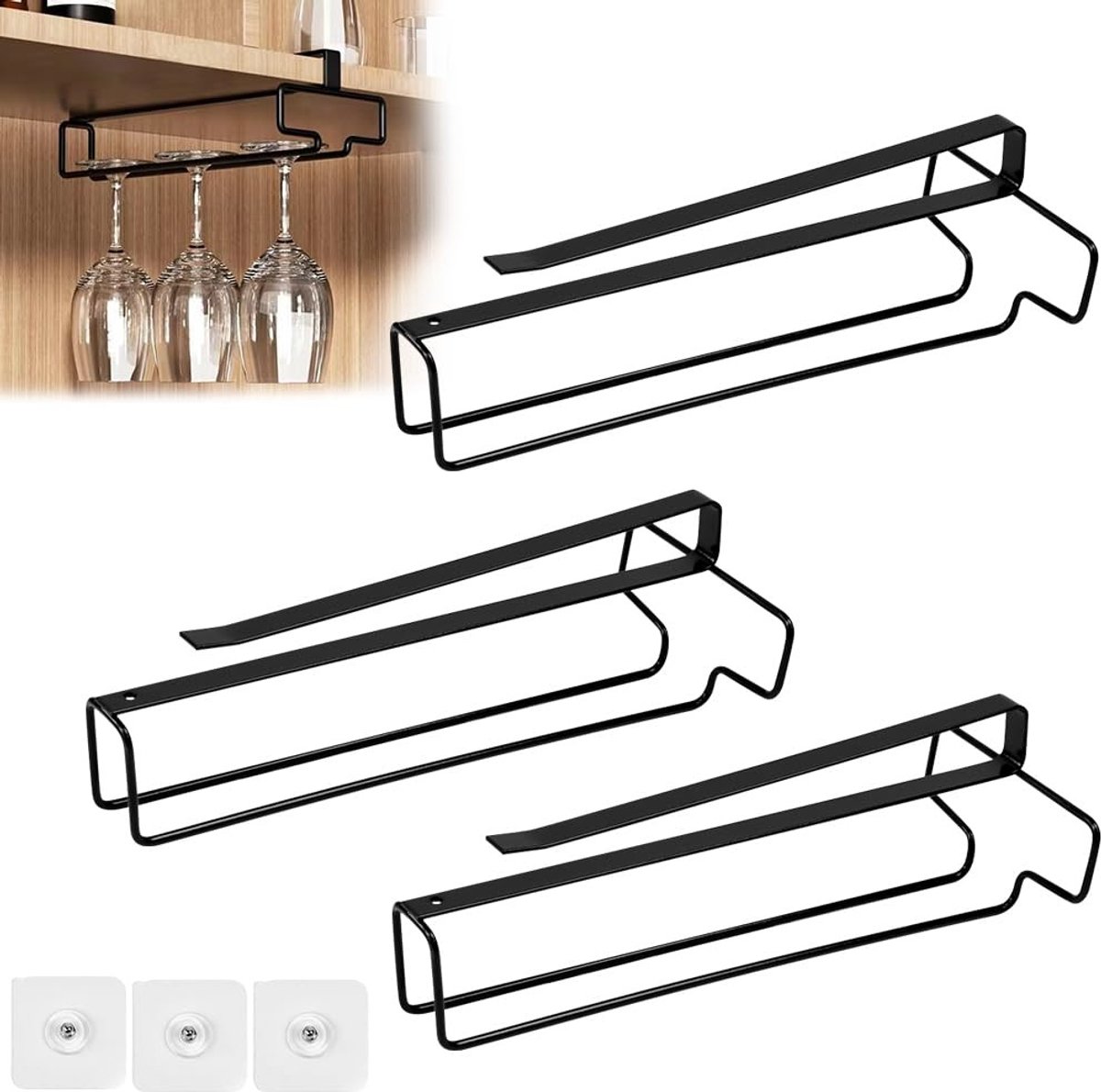 Set van 3 Wijnglas Houders - Zonder Boren - Zwart