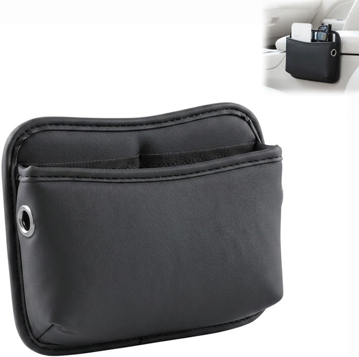 Zijorganizer voor de auto van PU-leer, multifunctionele opbergtas voor telefoon, kaarten en accessoires met klittenbandsluiting