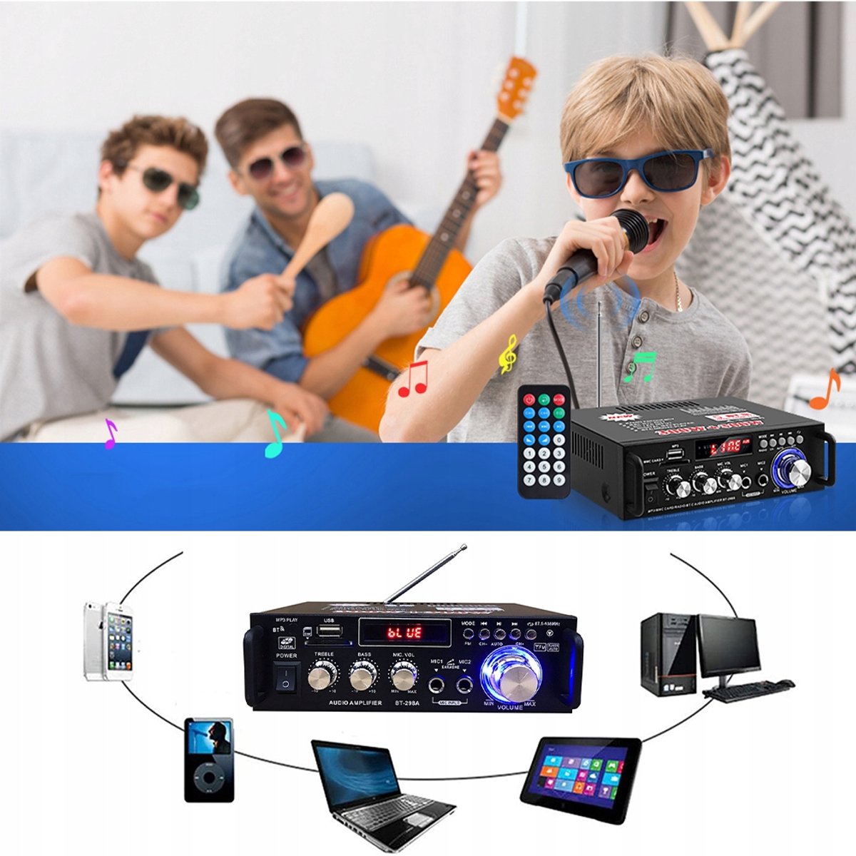 Bluetooth Versterker - Mini Versterker - HiFi Stereo Audioversterker - 2 Kanalen - 300W+300W - USB/SD - FM Radio - Dubbele Microfooningang - Afstandsbediening - 12V/220V - Voor Karaoke & Home Cinema thumbnail 3