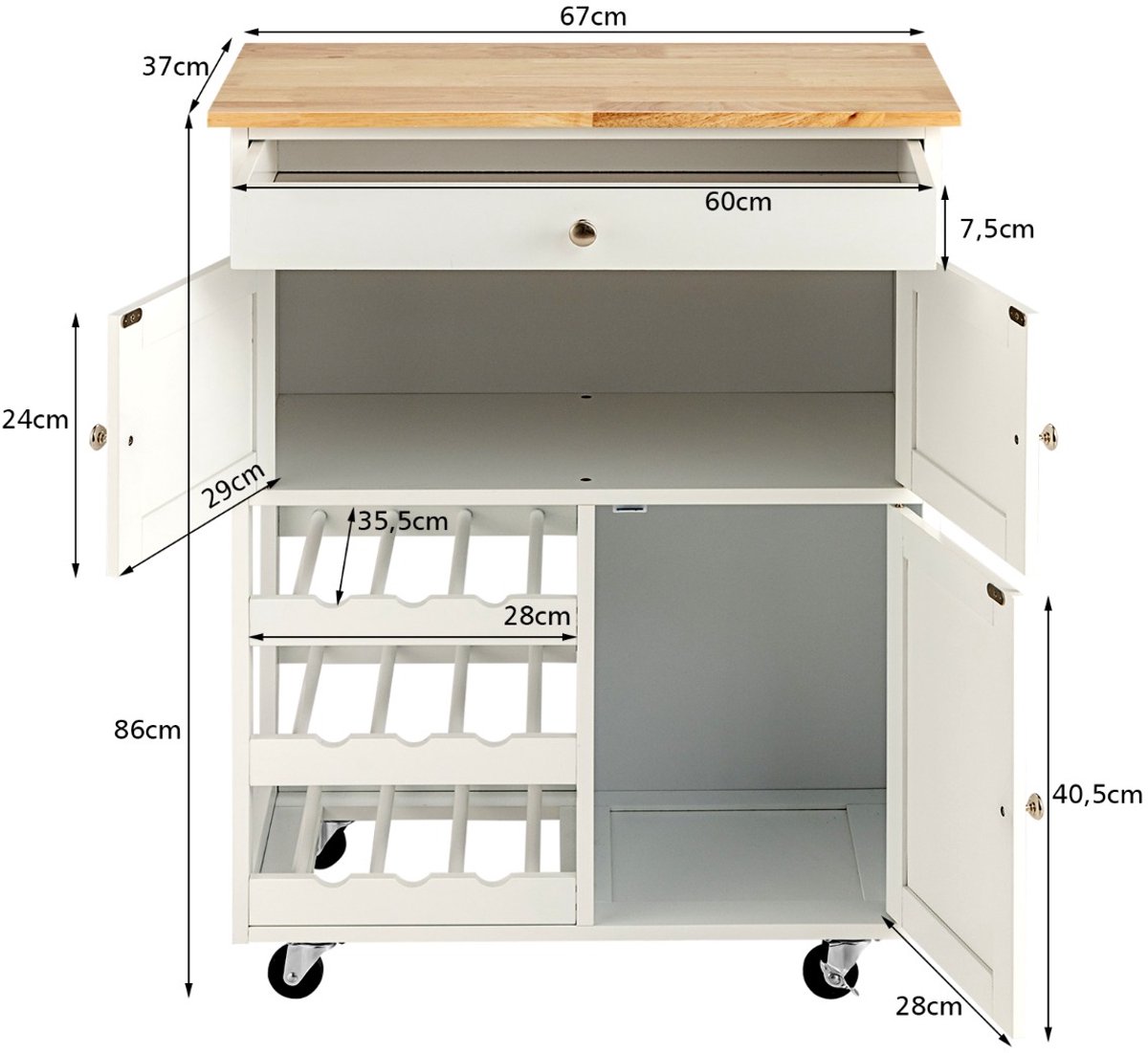 SureDeal® - Keukentrolley - Rubberen Houten Blad - 67x37x86 cm - Wit