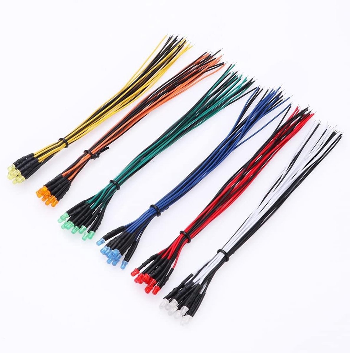60 Stuks 3mm LED Diodes in 6 Kleuren met Diffuse Gekleurde Lens, Ultra Heldere 12V 20cm Voorbedrade Verlichting, Geschikt voor Hobby en Modelbouw