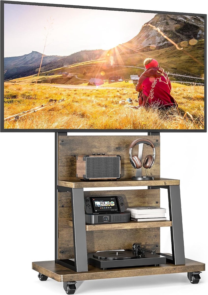 Verstelbare mobiele TV standaard voor 37-75 inch televisies met 3 planken en 68 kg draagvermogen, VESA 600 x 400 mm geschikt