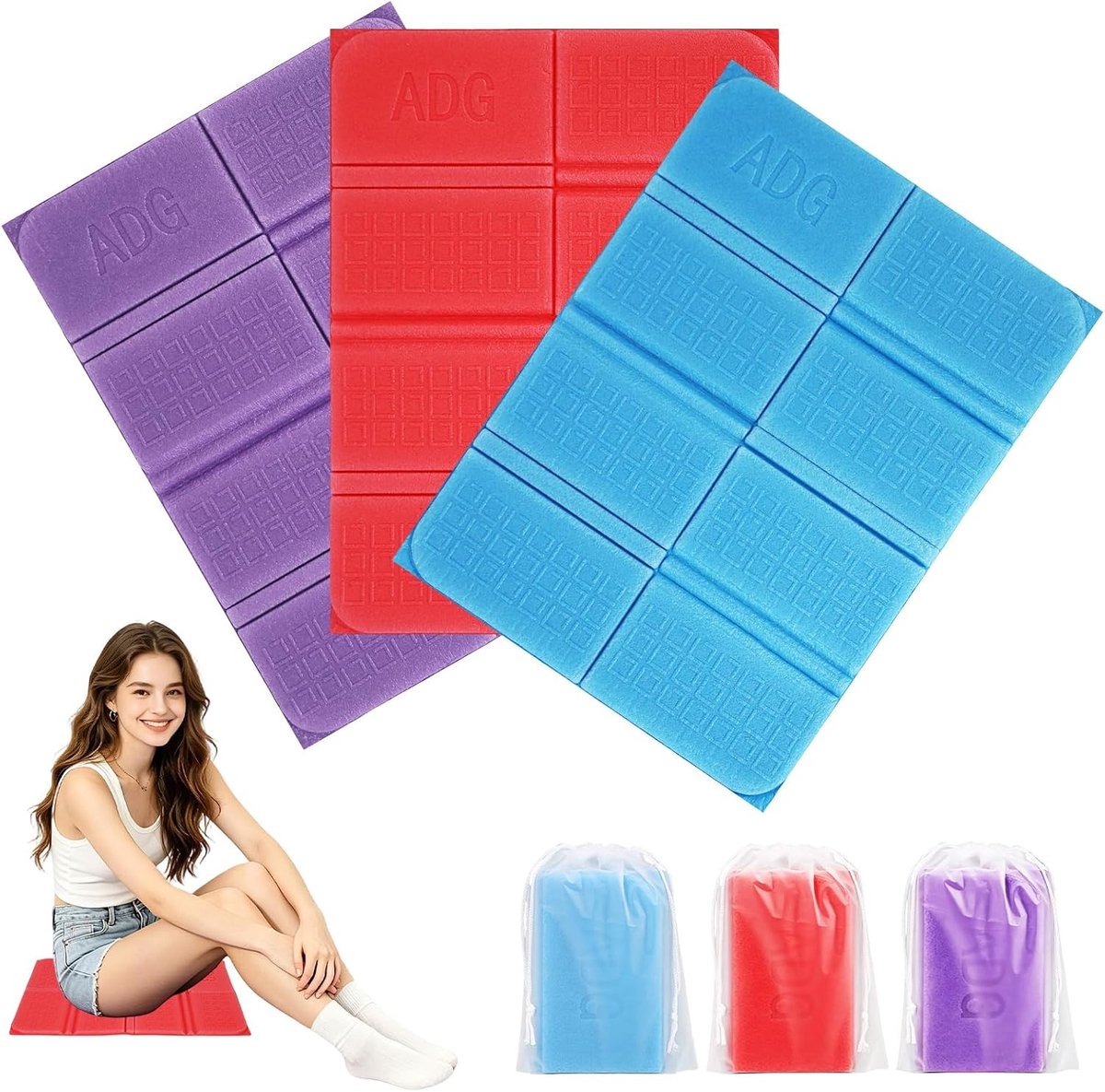 Set van 3 Vouwbare Tuinkussens, Weerbestendig en Comfortabel voor Picknicks, Kamperen en Wandelen, Rood, Blauw, Paars