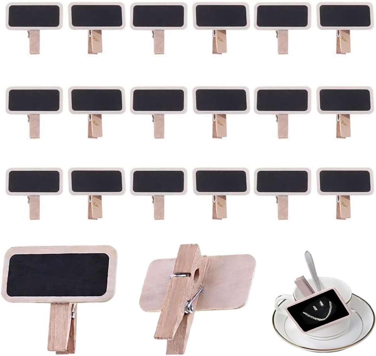 Set van 20 houten mini borden met clips, krijtbord clips voor foto's, plantenstekers en decoratie, ideaal voor memo's en voedsellabels