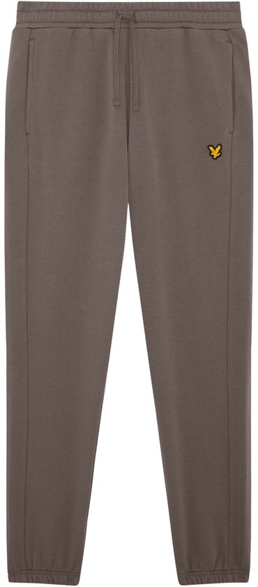 Bruine Lyle & Scott joggingbroek met geel logo op de zijkant, trekkoord en zakken.