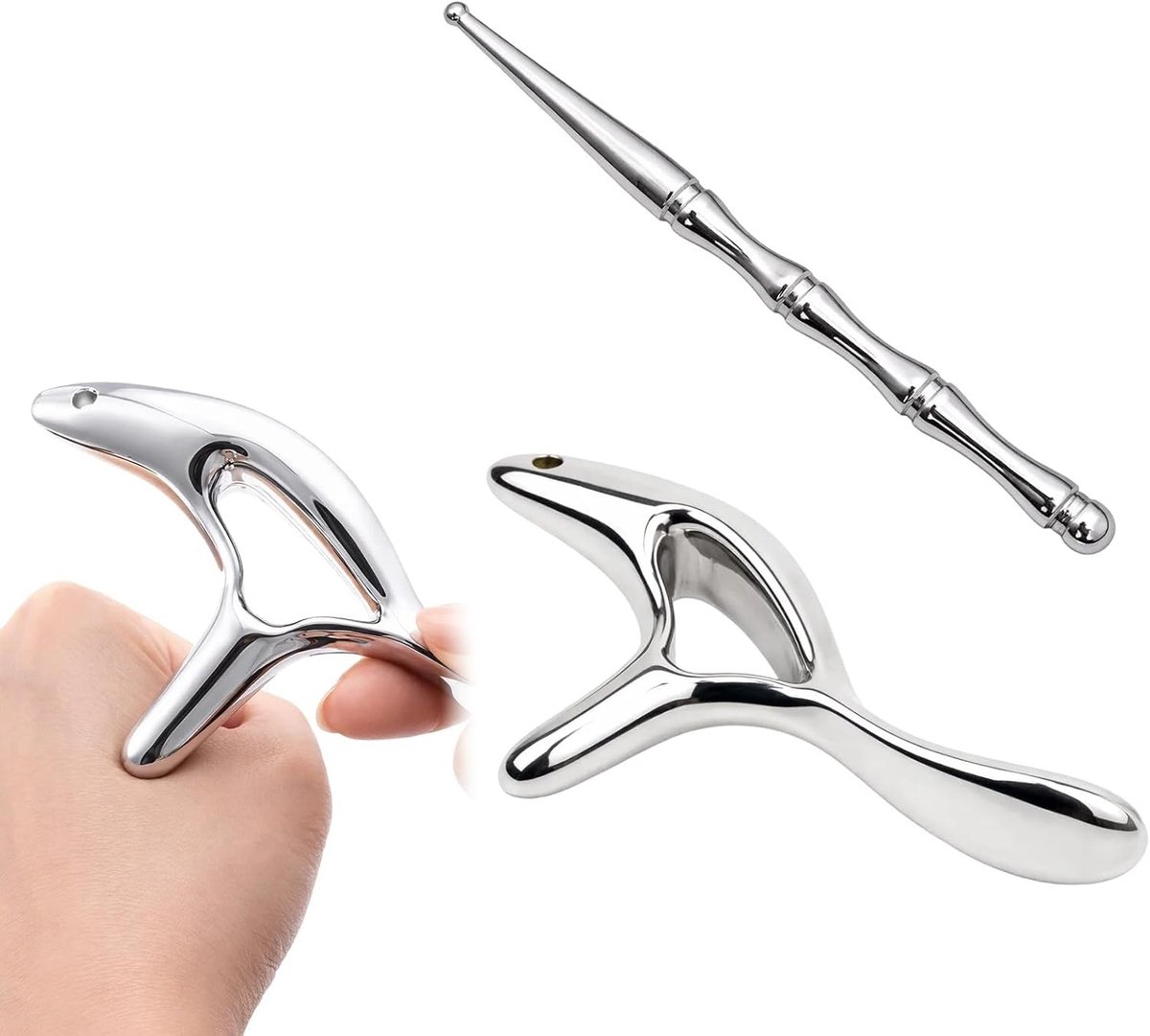 Set van 2 RVS Massagers en Acupressuurpen met Ergonomische Handgreep voor Gua Sha, Spierontspanning en Bloedcirculatie in Gezicht, Hals en Benen
