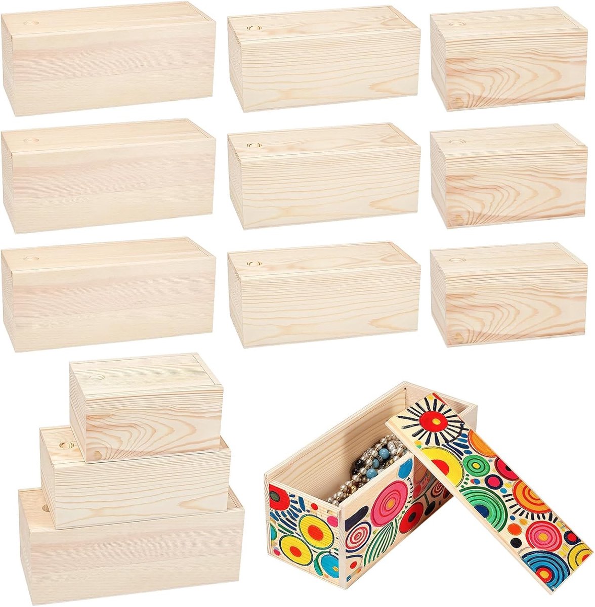 Lege opbergdozen van natuurlijk hout met schuifdeksel, ideaal voor souvenirs en decoratie, 12 stuks in 3 stijlen