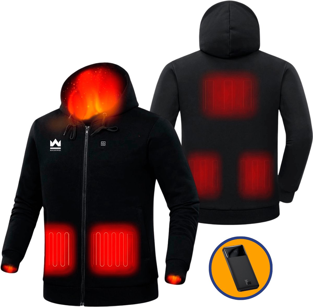 KingsPower Elektrisch Verwarmd Vest Unisex 5 Verwarmingszones 3 Warmtestanden Incl. 10.000 mAh Powerbank Zwart