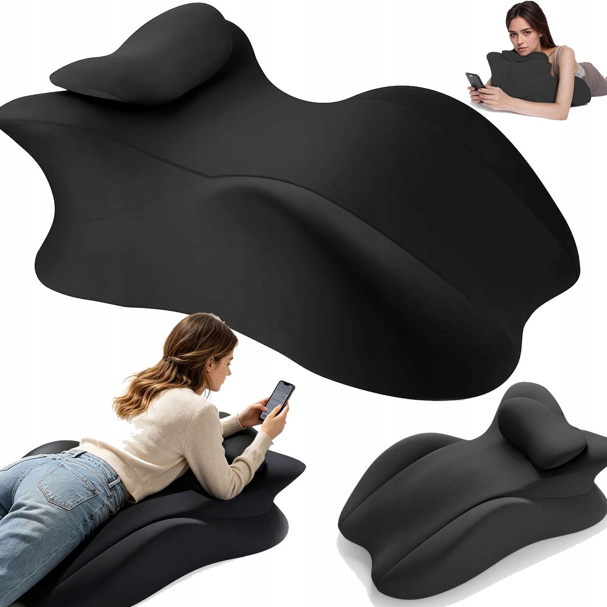 Leeskussen - Wigvormig Kussen - Lendensteunkussen - Multifunctioneel Kussen - 3D Ergonomisch - 27° Hellingshoek - Traagschuim - Met Klein Kussen - 59x46x24 cm - Rugsteun Kussen - Voor Ontspanning & Lezen & Buikslapen - Zwart