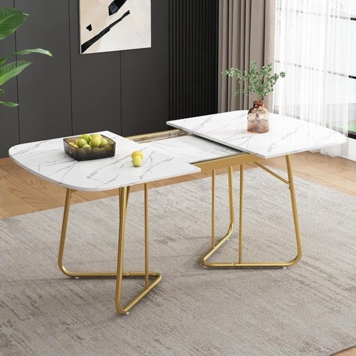 Uittrekbare Eettafel - Moderne Keukentafel - Gezellig Tafelen - Luxe Marmerlook Design - 140-180 cm - Wit Goud