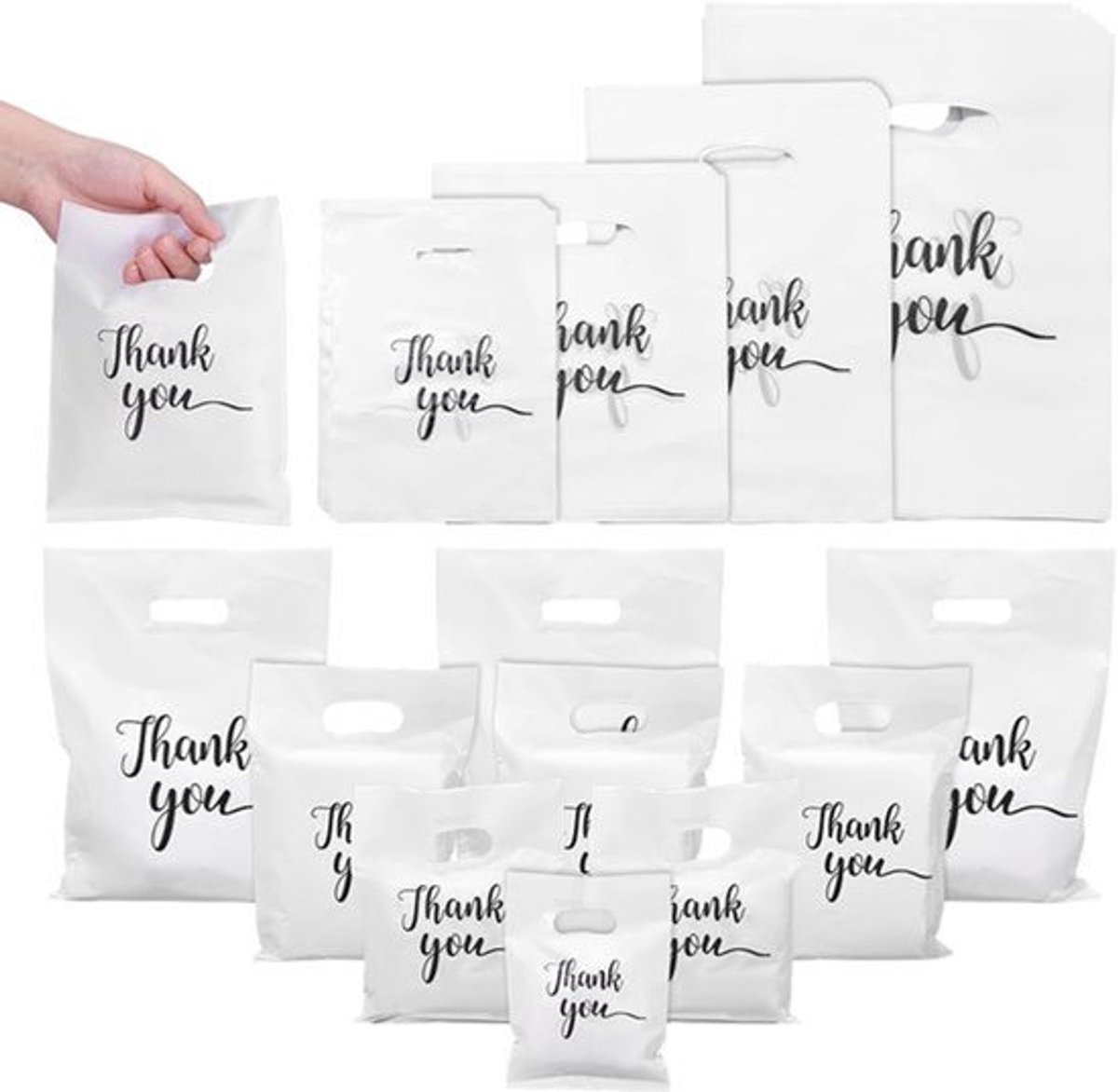 200 Stuks Thank You Tassen - Witte Plastic Winkelogen Met Handvatten - Diverse Maten Voor Feestjes, Winkels, Kleding