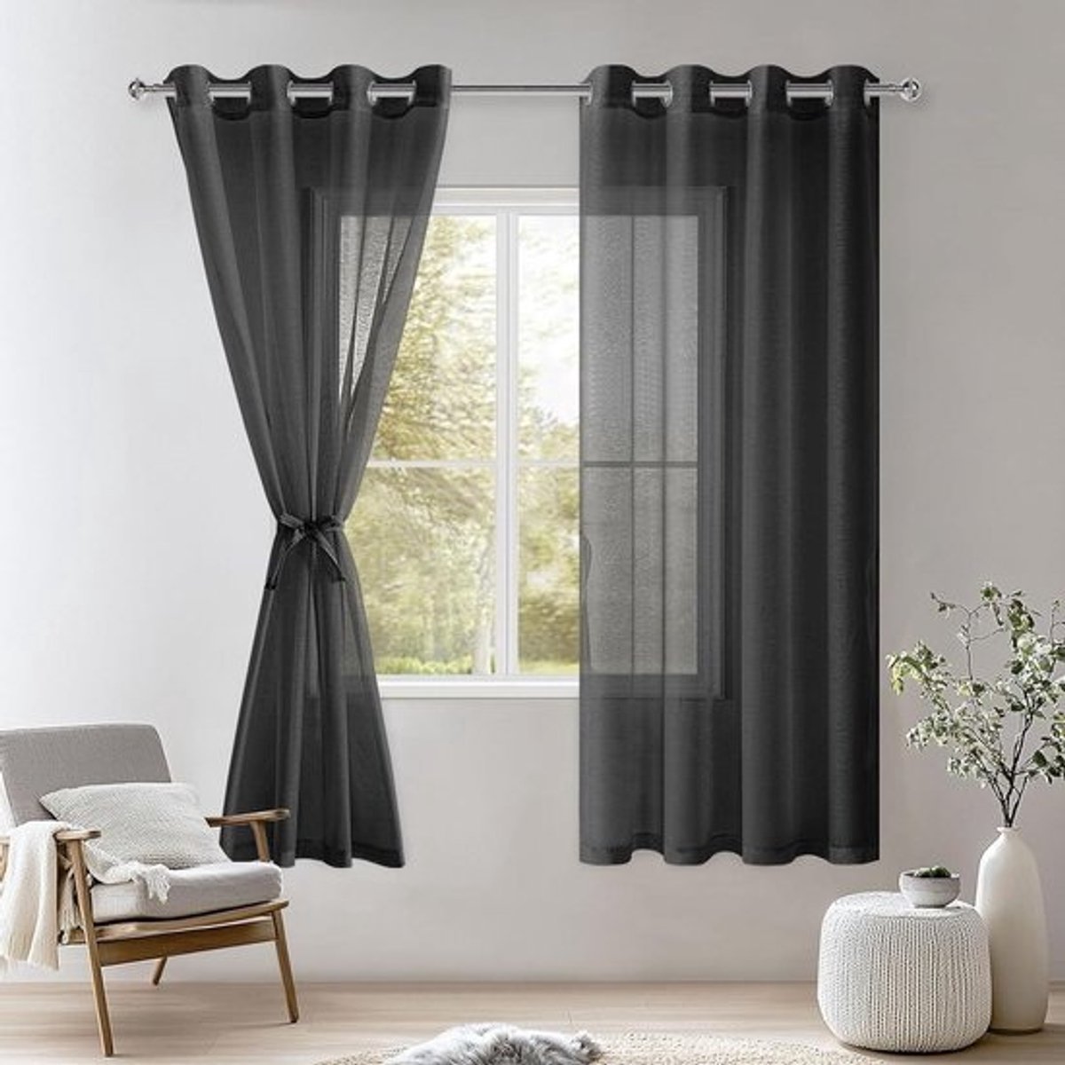 Voile Gordijnen - Transparante Gordijnen Sheer Gordijnen - Raambekleding Woonkamer - Met Gordijnhouders - 160x140cm (2 stuks) - Zwart