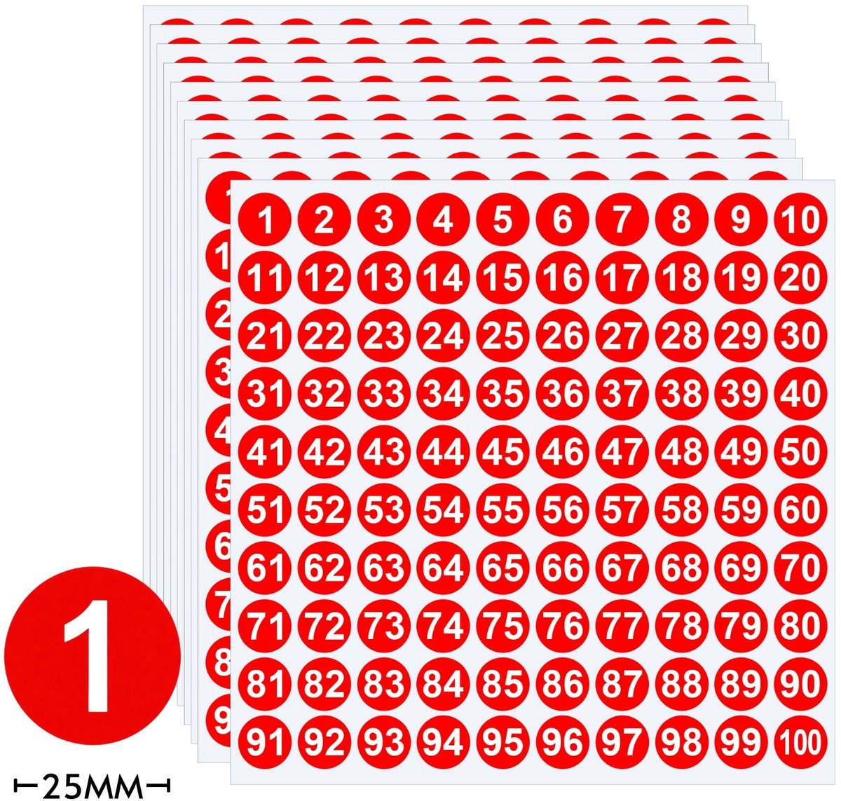 Genummerde Stickers Rood 1 t/m 100 – 10 Vellen – Ronde Nummer stickers 25MM – Zelfklevende Etiketten groot cijfers