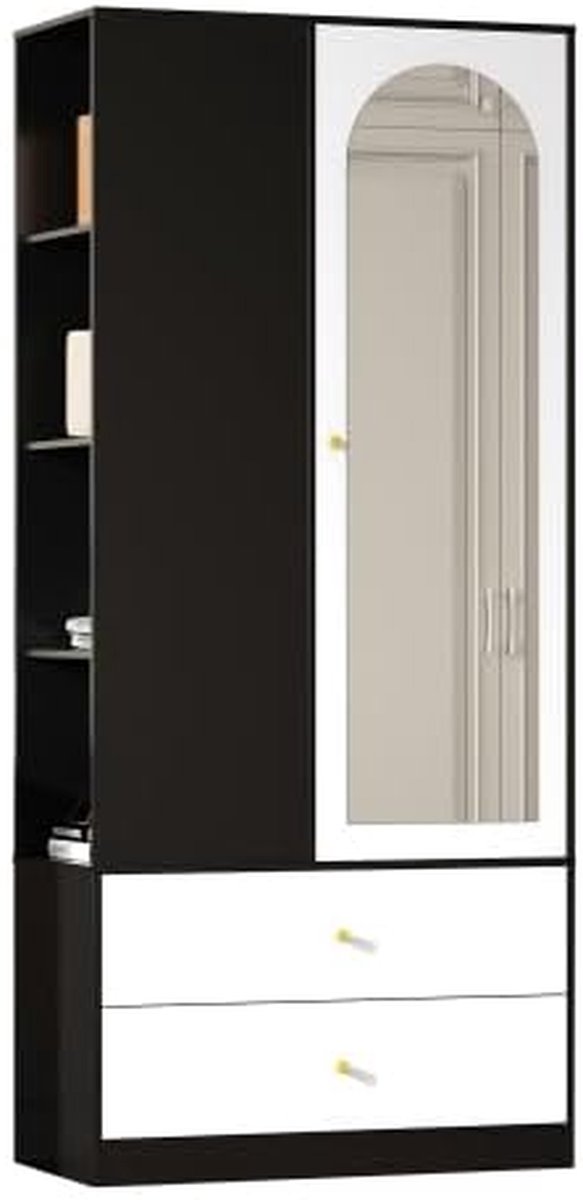 Smalle Kledingkast - Garderobekast Spiegel - Opbergen Kleding - Met Spiegeldeur - 80 x 40 x 180 cm - Wit Zwart