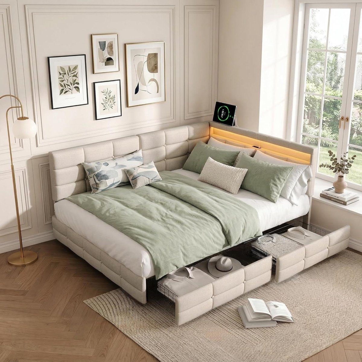 Gestoffeerd Bed - Slaapbank Ladekast - Ruimte Besparen - Met 2 Lades - 140x200 cm - Beige