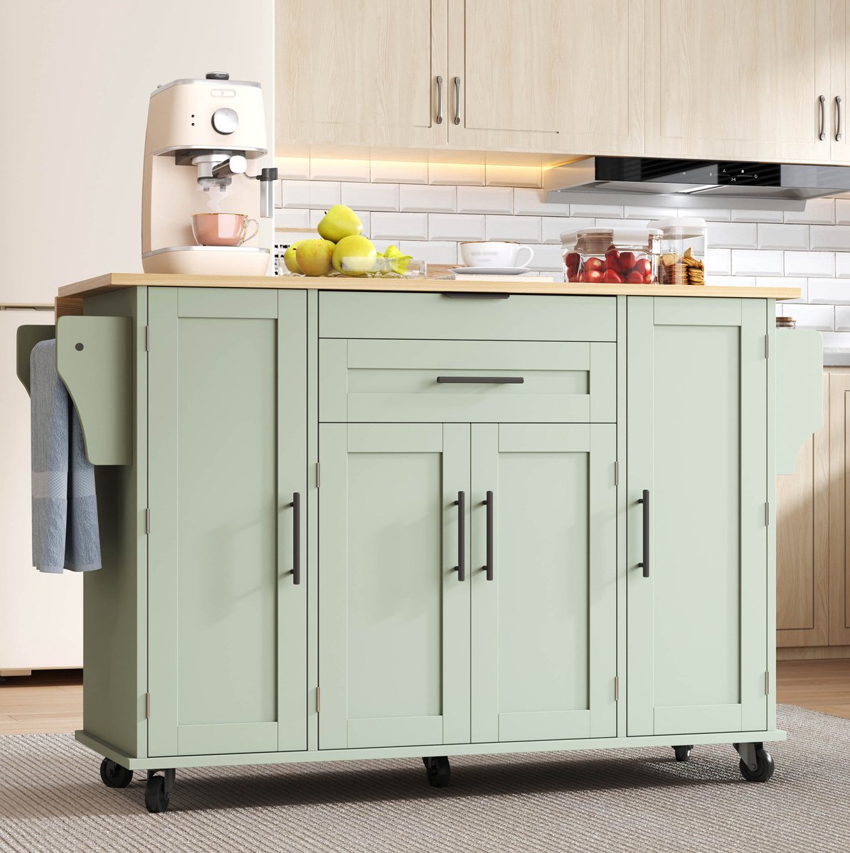 Keukenkast - Mobiele Keukeninsel Met Uitschuifbaar Werkblad, Verstelbare Planken En Besteklade - Voor Keuken En Eetkamer - MDF - Antique Green - 136 X 70 X 92 Cm
