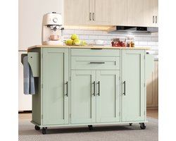 Keukenkast - Mobiele Keukeninsel Met Uitschuifbaar Werkblad, Verstelbare Planken En Besteklade - Voor Keuken En Eetkamer - MDF - Antique Green - 136 X 70 X 92 Cm