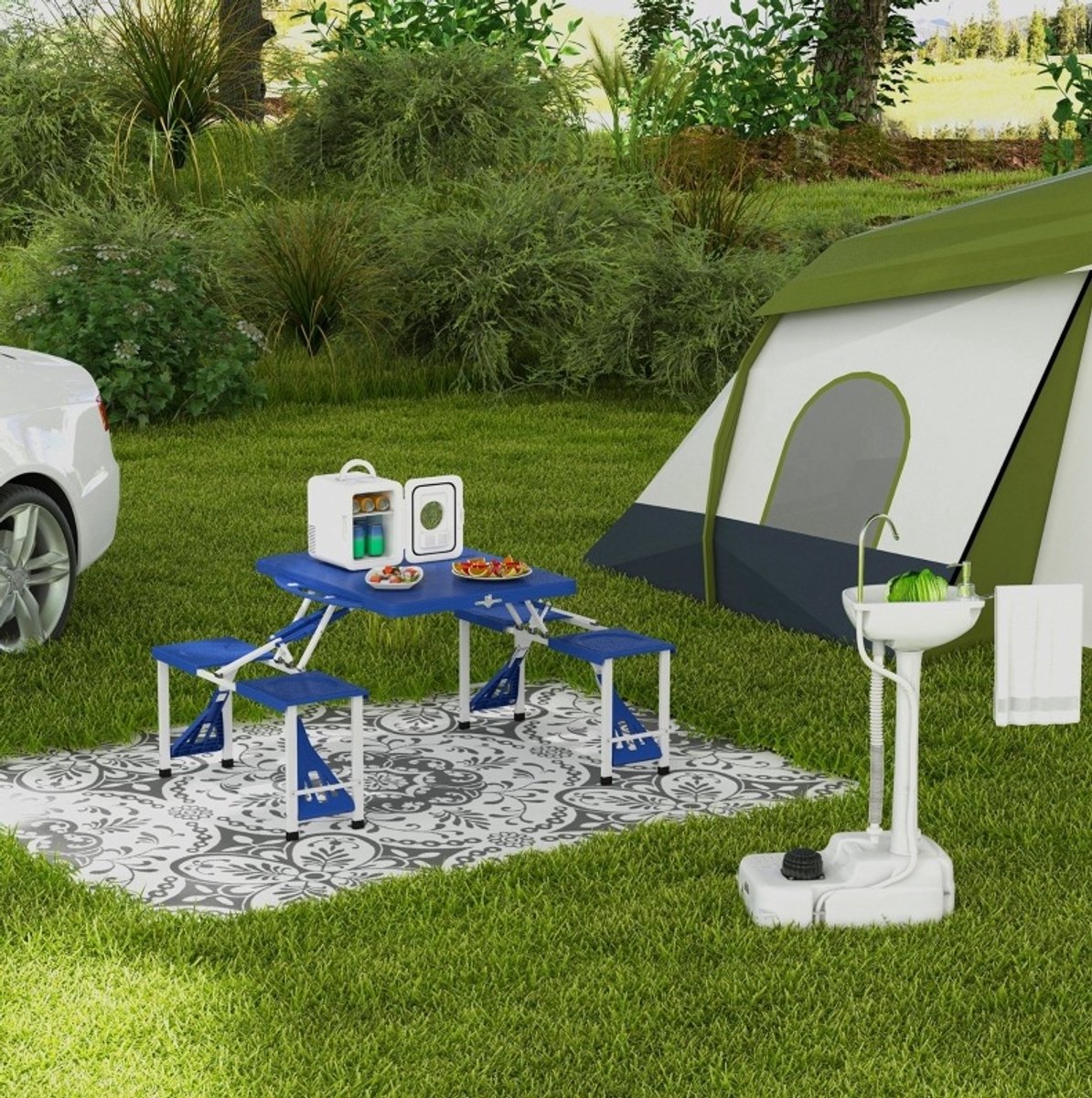 HAUSS SPOLE Camping Wasbak – Draagbaar Met Voetpomp – 51 x 33,5 x 103 cm – HDPE – Wit – Voor Kamperen En Buiten – Met Wielen