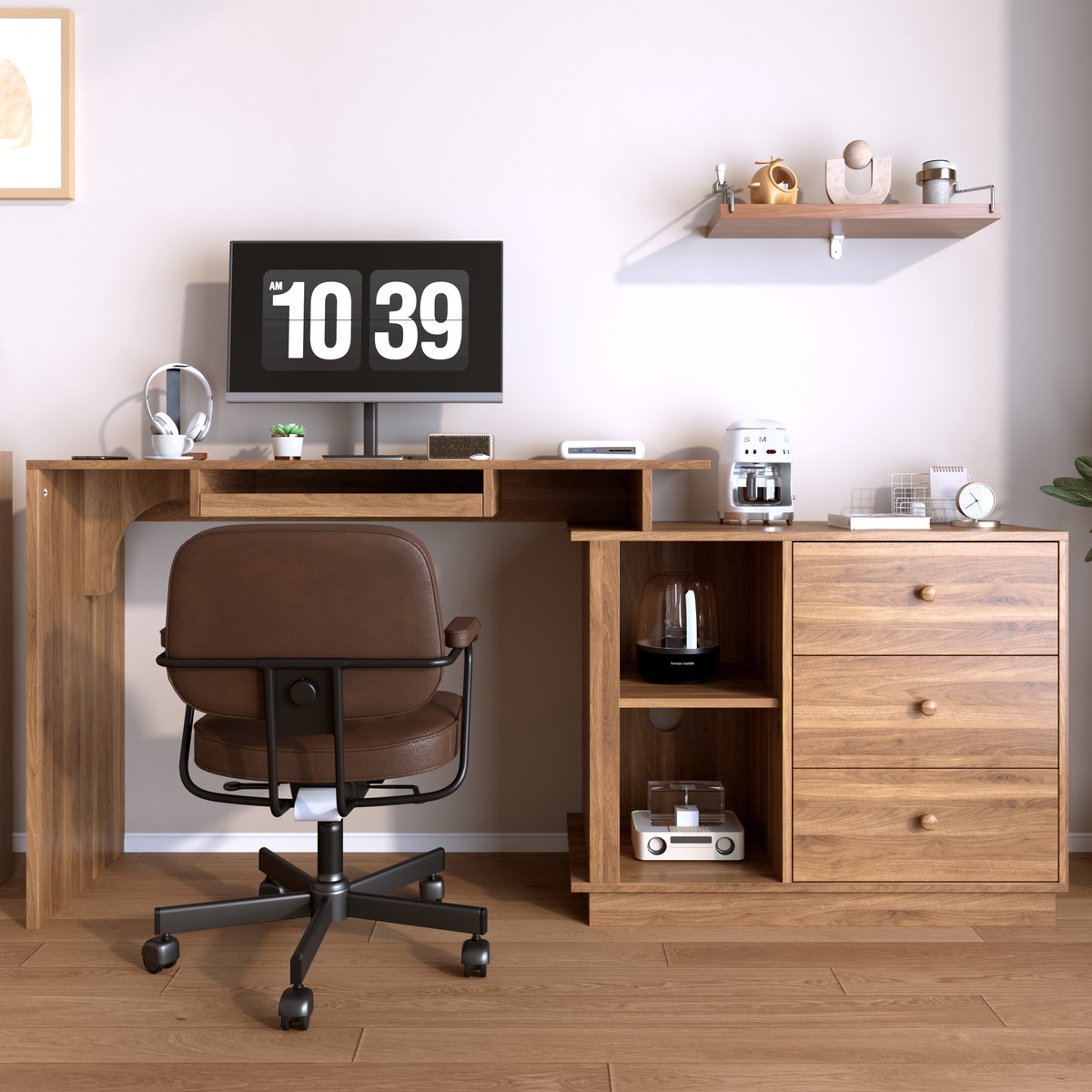 PHOEBE CAT Bureau - Uitschuifbaar tafelblad - Met toetsenbordlade - Open planken - 3 lades - Bruin