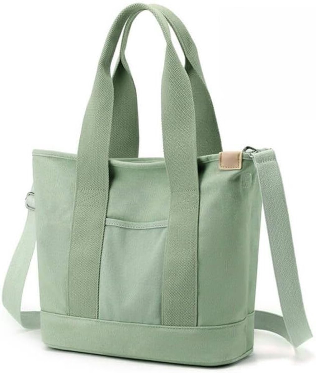 SnelShoppen - Aucuu Canvas handtas dames, schoudertas met ritssluiting, legergroen shopper voor school, winkelen, werk en reizen