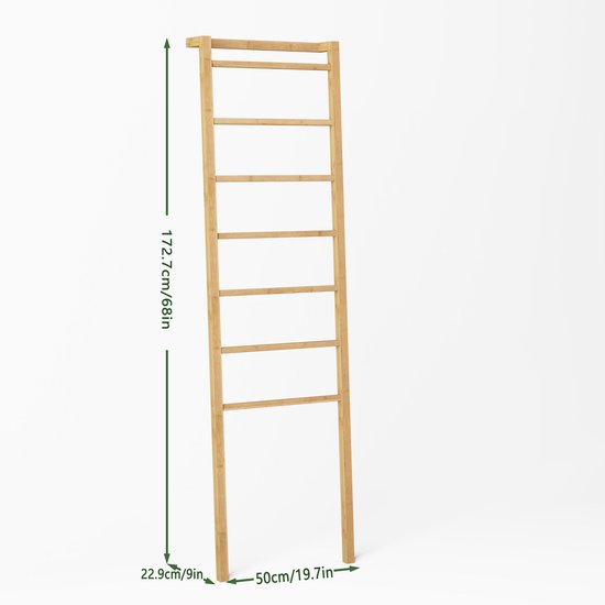 Houten decoratieladder met 7 sporten. Afmetingen 172,7 x 50 x 22,9 cm.