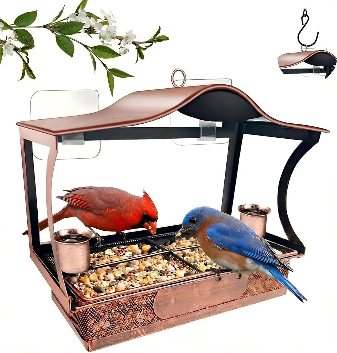 SnelShoppen - Vogelvoederdispenser Vogelhuisje Raam met 2 Zuignappen, Voederhuis voor Tuin en Achtertuin, Inclusief 2 Metalen Drinkbekers voor Wilde V