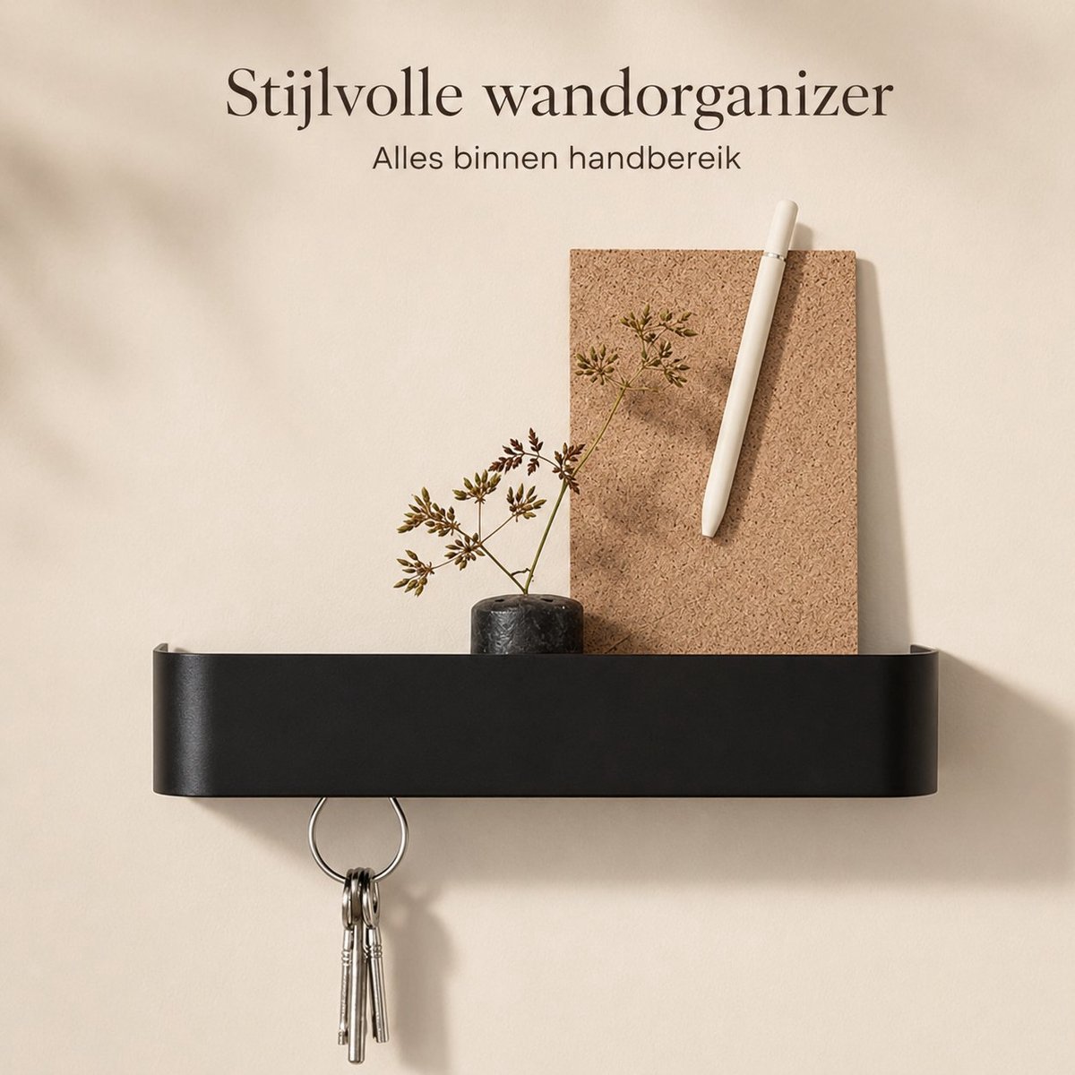 Arvion Sleutelrekje Tone - Minimalistisch Sleutelhouder met Metalen Plankje - Modern Wandmeubel voor de Hal - Zwart
